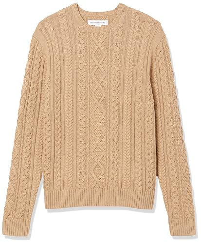 Amazon Essentials Men's Long-Sleeve 100% Cotton Fisherman Cable Crewneck Jumper, Camel, L