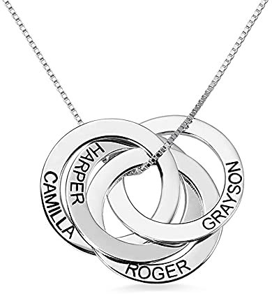 U/D Personalisierte russische Ring Halskette mit 2-5 Namengravuren 925 Sterling Silber Anhänger gravierte Familie Halskette Geschenk für Frauen Mama