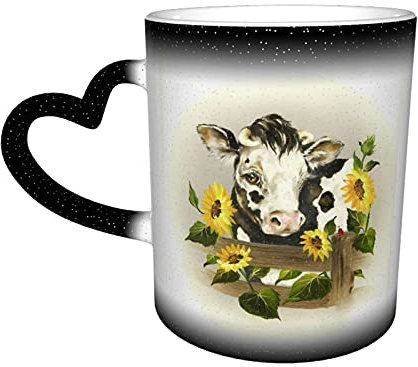 Taza de cerámica Taza de café con forma de vaca y girasoles Taza de viaje con cambio de color divertido Taza sensible al calor de cerámica 330 ml
