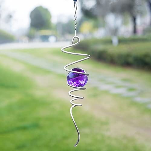 Gazing Ball Spiral Tail Windspiel Stabilisator Garten Dekorationen Edelstahl Metall mit Haken & Lila Kristallglas Orb Outdoor hängende Dekoration Kinetic Yard 3D Swivel Art Sun Catchers