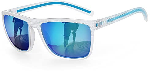 ZENOTTIC Gafas de sol polarizadas hombres luz TR90 marco UV400 protección cuadrado gafas de sol, C12 Marco transparente/Lente espejo azul, L