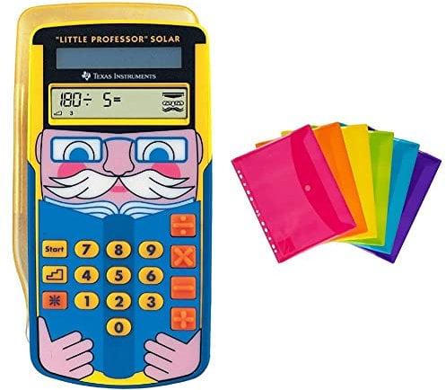 Texas Instruments Little Professor Rechentrainer (für Vor- und Grundschule, Solarbetrieben, mit 80.000 Rechenaufgaben) gelb-blau & Oxford Dokumenten-Mappen A4, Taschen mit Klett-Verschluss, 6er Pack