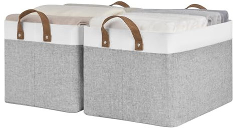 StorageWorks Fabric Storage Bins for Shelves, Wardrobe Storage Box, Large Storage Baskets with Metal Frame, Closet Baskets and Boxes with Handles for Bedroom Organising, Grey and White, 2-Pack