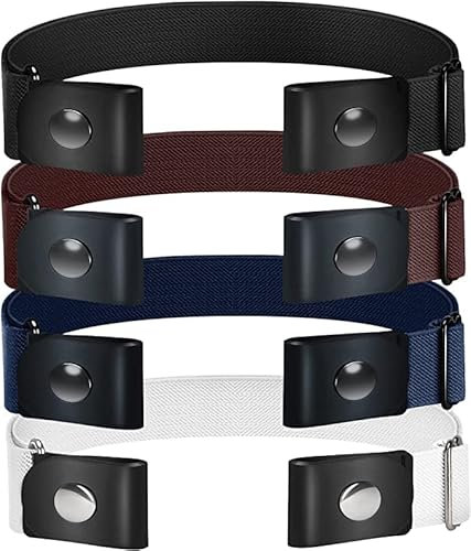 TOURZOO Gürtel für Damen/Herren, Schnalle, elastischer Gürtel, unsichtbar, keine Schnalle, Stretch-Taillengürtel für Jeanshosen, Kleider, keine Ausbuchtung, 4 Stück/Schwarz+Blau+Kaffee+Weiß,