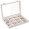 Frebeauty Schmuck Tablett 12 Gitter Samt Schmuck Organizer Aufbewahrungsbox mit klarem Deckel Schublade Halter Vitrine mit Schließe Anhänger Armbänder Halskette für Frauen (Beige, 12 Gitter)