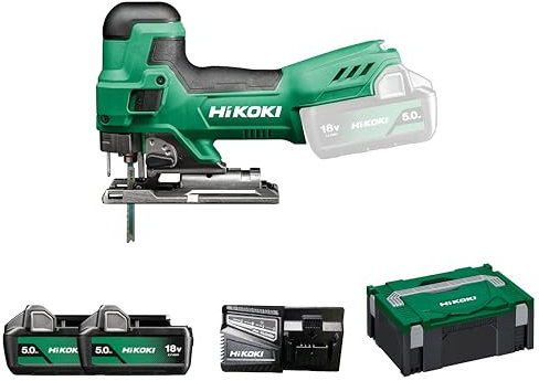 HIKOKI Seghetto alternativo a batteria CJ18DB (18 V (2 x 5,0 Ah) agli ioni di litio: 26 mm, numero di giri a vuoto: 550-2500 min-1, tagli obliqui R/L: 45 °, raggio di taglio più piccolo: 25 mm
