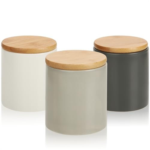 COM-FOUR® 3x Récipients de Rangement en Céramique avec Couvercle en Bambou - Récipients de Rangement Modernes en 3 Couleurs - Récipients Ronds en Céramique pour Cuisine (gris - 08x09cm - 3 pièces)