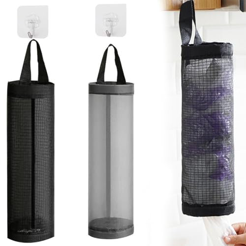 Soporte para bolsas de plástico, soporte para bolsas de basura colgantes, para bolsas de basura colgantes, bolsa de almacenamiento colgante de malla con gancho para el hogar y la cocina, 2 piezas