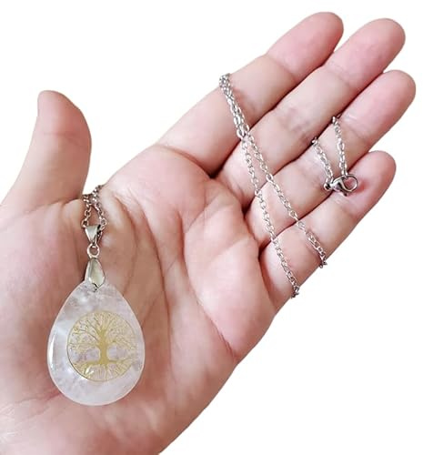 Collier Cristal de roche pendentif pierre naturelle semi précieuses Arbre de Vie femme et homme fait main cadeau anniversaire, noel, fête des mères/pères