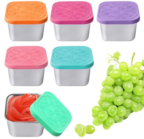 GOMETY 6 Stück Salatdressing Behälter, 180ml Edelstahl Snack-Behälter mit Silikon-Deckel, Mini Dip Saucenbehälter Dose Auslaufsichere Soße Lebensmittel Lagerung Box für Snack Dips Salat Gewürze