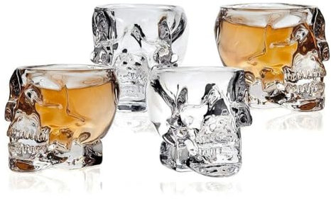 JOYWU 4 Pcs Skull Shot Glass,75ml Halloween Skull Glass Cups,Crystal Skeleton Cup for Whiskey,Vodka,Wine,Cocktail,Clear Skull Face Drinking Cup,Funny Clear Skull Cup,Halloween Drinkware Supplies