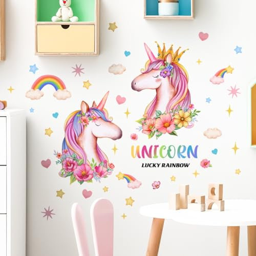 WandSticker4U®- Wandtattoo EINHORN Mädchen LUCKY RAINBOW (70x80 cm) I Wandsticker Kinderzimmer Mädchen Einhorn Regenbogen Prinzessin Blumen Fee Sterne I Wandaufkleber Kinderzimmer Deko