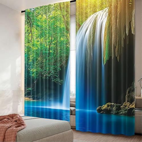 IKDZCM Rideau Dressing WxH/2x70x180cm Rideau de Douche 2 pièces, Motif forêt, Cascade en Asie, Thaïlande, Jungle de Plantes et d'arbres tropicaux, Attraction Touristique, Salon