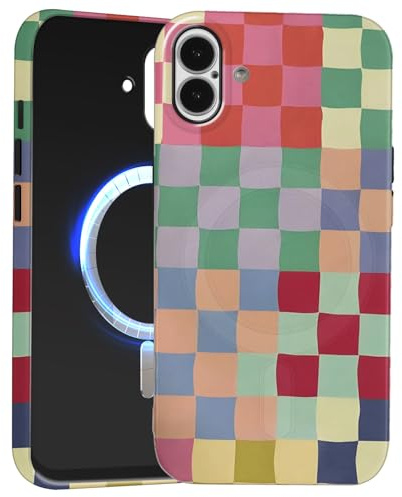 Vxinvnoi Magnetische Handyhülle für iPhone 16 6,1 Hülle, Kompatibel mit MagSafe, Aesthetic Kariertes Bunt Muster Mädchen Case, Dünn Silikon + PC Stoßfeste Schutzhülle Cover, Gitter