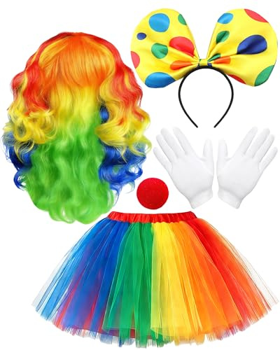 ETOFETE 5 Pcs Clown Kostüm Damen Zubehör, Clown Bunt Perücke, Haarreif und Tüll Rock, Rot Clownnasen, Weiße Handschuhe, Erwachsene Clownkostüm für Fasching Karneval Cosplay