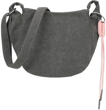 Fritzi Sue02 Suede Jacky Soft Umhängetasche Kunstleder Damen Crossbody Handtasche Festival City vegan Suede-Optik Kordelanhänger 22 x 23 x 9,5 cm – Anthrazit, Grün, Braun, Graublau