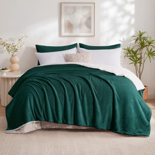 Aisbo Sherpa Fleece Blanket Forest Green - Fluffy Thick Blanket for Bed Large Throw, Warm Soft Solid Microfiber Blankets King Size Throws for Couch Sofa, 200x240cm