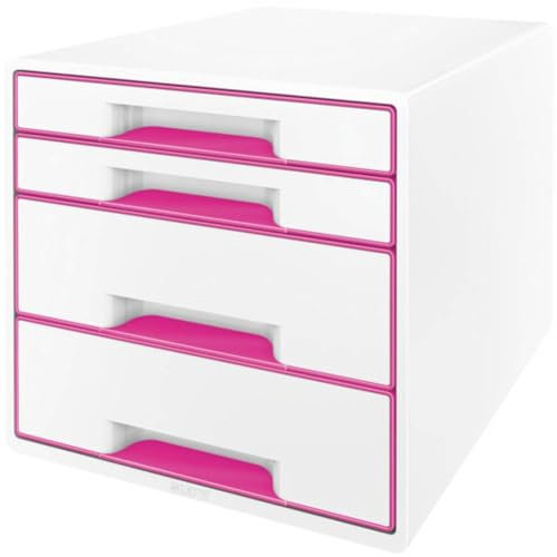 Leitz CUBE Schubladenbox mit 4 Schubladen, Weiß/Pink, A4, Inkl. transparentem Schubladeneinsatz, WOW, 52132023