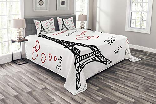 ABAKUHAUS Eiffelturm Tagesdecke Set, Eiffelturm Paris, Set mit Kissenbezügen Moderne Designs, für Doppelbetten 220 x 220 cm, Weiß Schwarz Rot