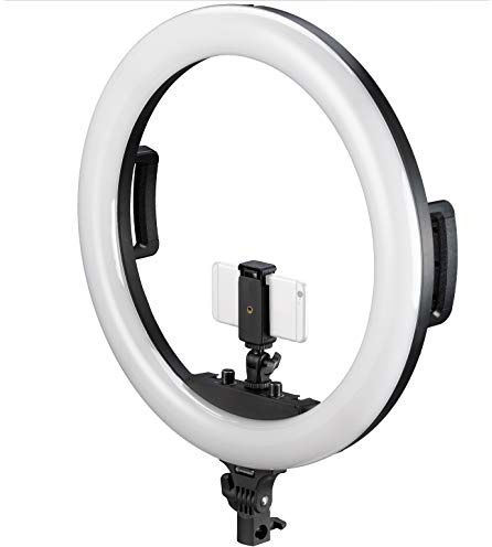 Bresser STR 48B Bi Color LED Ringleuchte 48 W dimmbar mit Halterung | 4800 Lumen, 3200 bis 5600 K, stufenlos dimmbar, Kamera und Smartphonehalter, USB Ladefunktion, Tasche enthalten