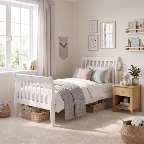 Junior Vida Orion Single Kids Sleigh Bed Frame | White | 3ft | Solid Pine Wood | 100 H x 95 W x 213 D cm | Space-Saving | Underbed Storage | Slatted Panels | Children Bedroom Furniture