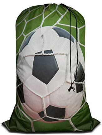 Swono Football Extra Large Travel Laundry Bag, Rip-Stop Dirty Clothes Bag with Drawstring, Soccer Game In Goal Net Green Grass Field Heavy Duty Travel Laundry Bag, Oxford Cloth, Machine Wash