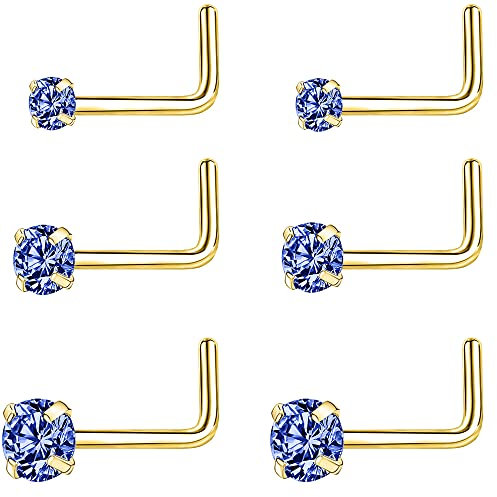 PunkTracker Lot de 6 piercings de nez en acier chirurgical 20 g Noir/doré 2 mm, 2,5 mm, 3 mm, Métal