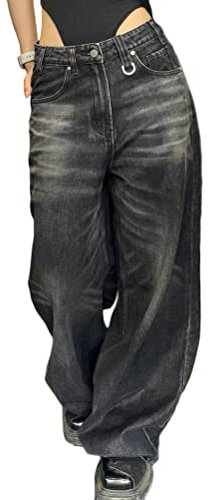 ORANDESIGNE Damen Vintage Cargo Jeans Y2K Hip Hop Baggy Straight Leg Gewaschen Jeanshose Casual Denim Hosen Bedruckte Jeans Teenager Mädchen Harajuku Skateboard Hose Streetwear B Schwarz S