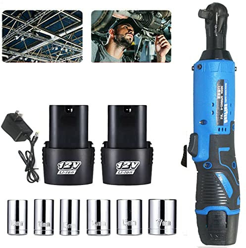 Rigogo Clé à cliquet sans fil 3/8, 2300 tr/min avec 2 piles Li-ion 12 V 1,5 Ah, chargeur rapide, 7 prises pour pièces étroites de voiture, moteur, réparation de voiture, bricolage
