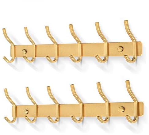 MEIJO Appendiabiti da Parete, Ganci Attaccapanni in Acciaio Inox da Muro Moderno Appendiabiti per Cameretta, Ingresso, Cucina, Bagno (6-Ganci 2pcs, Oro)