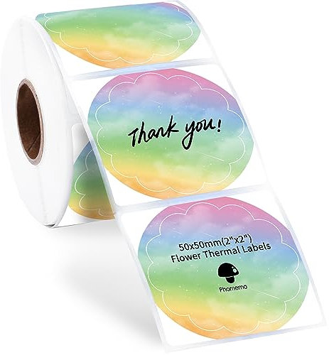 Phomemo Blumen Thermoetiketten 50x50mm, Selbstklebend Runde Regenbogen Aufkleber, Kreisförmige Handgefertigt Etikettenaufkleber für Dankeschön, Adressetiketten(500 Etiketten/Rolle, 1 Rolle)