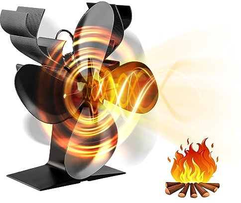 Domisyee Kaminventilator ohne Strom - Leiser Ofenventilator mit 4 Blättern, Warmluftverteiler für Holzofen, Specksteinofen, Kaminofen und Kachelofen - Stromloser und wärmebetriebener Kaminlüfter