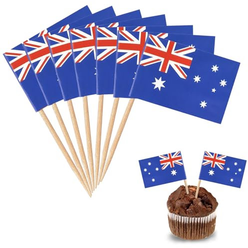 YXHZVON Australien Flagge Zahnstocher, 100 Stück Cocktail Stick Flaggen Mini-Flagge Cupcake Toppers Stick für Party Food Cake Obst Geschirr Party Pub Dekoration