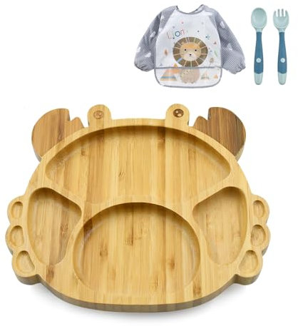 Esoes 4 Stück Baby Geschirrset, Rutschfest Kinder Geschirrset, Bambusteller Baby mit Saugnapf, Löffel und Gabeln aus Silikon, Lätzchen, Besteck Set Baby für Kleinkinder und Kinder