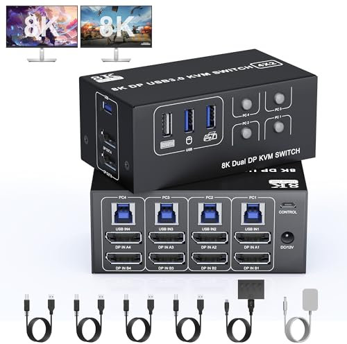 KVM Switch 4 PC 2 Monitore 8K 60Hz 4K 120Hz,Dual Monitor KVM Switch DisplayPort Aluminium mit 3 USB 3.0 Ports für 2 PC/Laptops,DP 1.4 KVM-Switch teilt sich eine Maus, Tastatur und 4 USB-Geräte