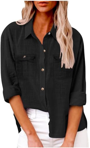 AMhomely Button Down Blouse Women Long Sleeve Oversized Shirt Casual Tops with Breast Pocket Solid Loose Office Work Tunic Tops Baggy Pullover Shirts Going Out Tees Shirts Holiday Vacation Black XXL