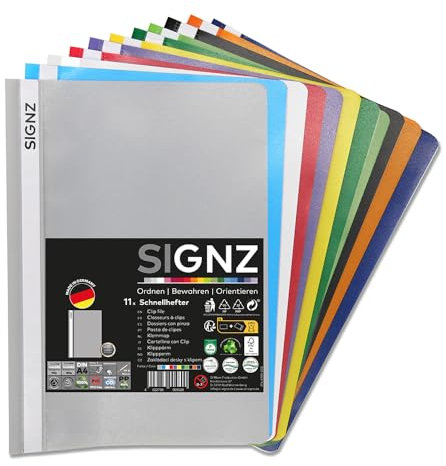 SIGNZ Schnellhefter DIN A4, stabil, 11 Stück, 11 Farben, transparenter Deckel, CO2-neutral hergestellt, aus recycelbarem Kunststoff (PP), FSC Mix 70%, made in Germany