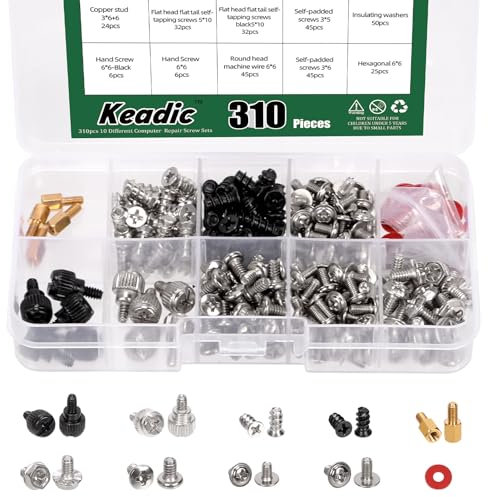 Keadic 310Pcs Computer Motherboard Screws Kit PC Mainboard Standoffs Spacer Screws for Power Graphics, Hard Drive, Computer Case, Fan Installation & Repair