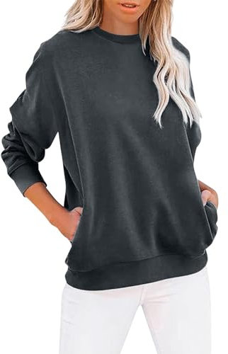 Generisch Pullover in Kastenform Damen-Sweatshirt mit Rundhalsausschnitt, einfarbig, lange Ärmel, lässiger Pullover, süßes, leichtes, lockeres Oberteil Schwarzes Pullover Damen (Black, XXL)