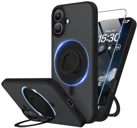 SURPHY für iPhone 16 Hülle für MagSafe mit 360° Unsichtbarer Ständer & weich Silikon Ring, Stoßfeste Handyhülle iPhone 16 Case 6,1 [Militärschutz, Erhöhter Randschutz], Matt Schwarz
