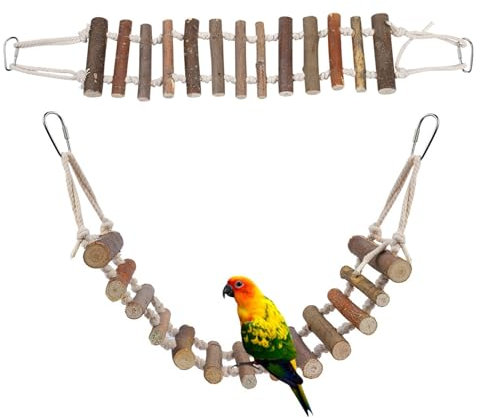 Ldafava Natural Wood & Rope Parrot Ladder Toy 24in, Flexible Bendable Climbing Swing Bridge For African Grey Cockatoo Conure Budgie, Cage-Mount Training Tool For Birds Hamsters With Steel Hooks