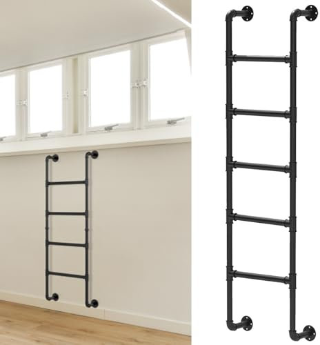 Wall Mounted LadderEgress Ladder Basement 4-8 Step, Black Wrought Iron Window Well Ladder Fire Escape Ladder, Heavy Duty Bunk Bed Ladder Wall Mounted Climbing Ladder for Home Loft(1.85m/6ft/