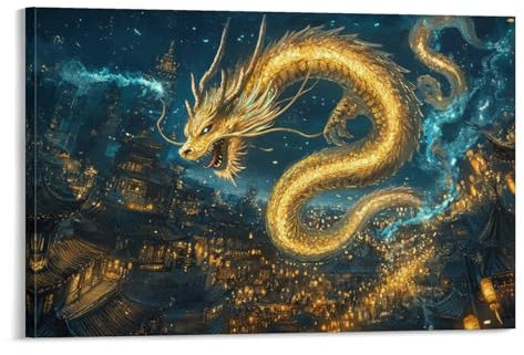 DHBANEIOK Golden Le Le dragon Impression Sur Toile Dragon chinois Image Sur Toile Tableau Mural Peinture À L'huile Minimalistes Art DecoSourision Pour Chambre Peintures À L'huile 12x18inch(30x45cm)