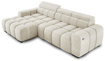 DomiMeble Ecksofa Bull 285x168x77/97 cm, Linke Seite Mit Schlaffunktion, Elektrisch Ausziehbarer Sitzfläche, Verstellbaren Kopfstützen, Dunklen Buchenholzfüßen, Hydrophobem Eden-Bezugstoff - Weiß