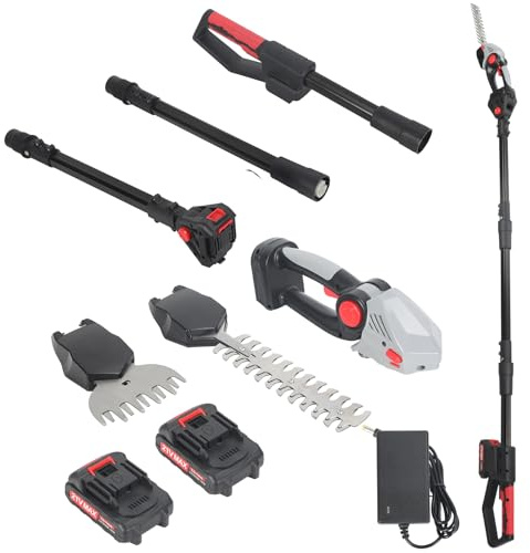 2-in-1 21V Pole Hedge Trimmer Cordless & Grass Shear, Electric Hedge Trimmer with 2 Batteries & Charger, Battery Powered Shrub Trimmer for Grass, Shrub, and Overhead Branch trimming (Black)