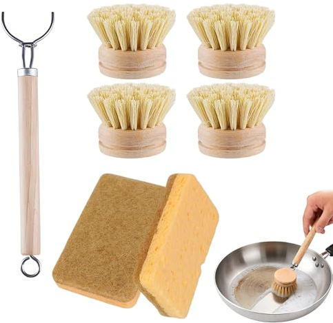 7PCS Wooden Washing Up Brushes Set | Natural Handle, 4 Replacement Heads, 2 Washing Sponges, Eco Friendly Wooden Dish Brushes for Scrubbing Pans and Plates