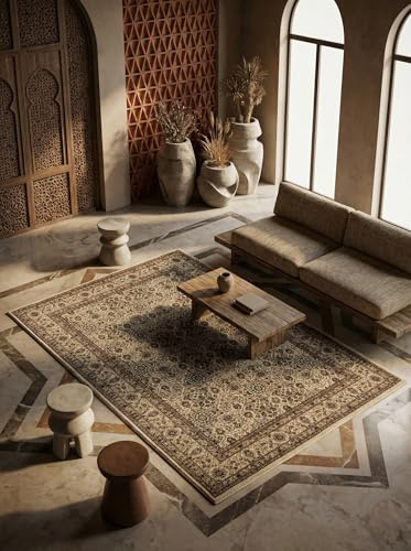 KADIMA DESIGN Kurzflorteppich Orientalisches Muster Pflegeleicht Waschbar Strapazierfähig Beige 240x340 cm Wohnzimmer Schlafzimmer Fußbodenheizung geeignet Schadstoffgeprüft Oeko-TEX | Selva