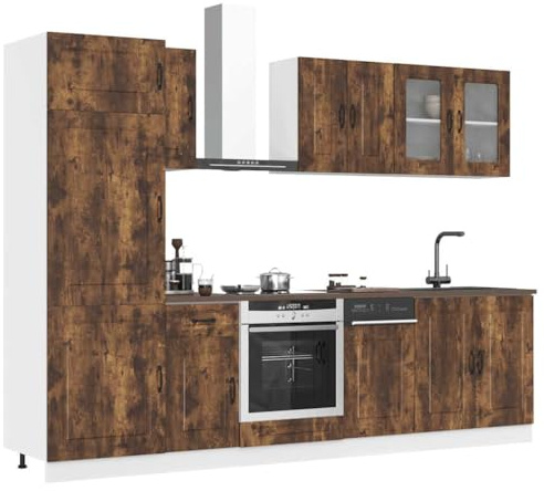 Generico 8-teiliges Küchenmöbel-Set Kalmar Eiche Rauch, mehrschichtiges Holz und Glas, Unterschrank für Spüle 80 cm, Hängeschränke für Küche, Schrank, Ofen, Geschirrspüler