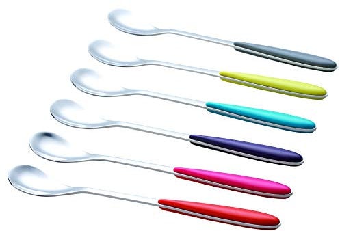 EXZACT Cuillères à Glace en Inox 6 Pièces à Long Manche, Assortiment De Couleurs- Longue Manivelle, Cuillère Latte, Poli Miroir - Idéal pour Le Café, Dessert, Chocolat Chaud.