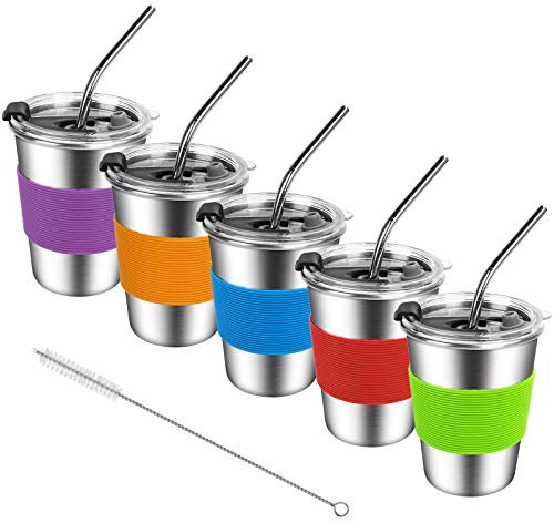 Kids Stainless Steel Cups, Kids Metal Drinking Glasses with Lids, Stainless Steel Straws and Sleeves, 12oz Reusable Water Tumbler for Children and Adults, Apply to Indoor and Outdoor